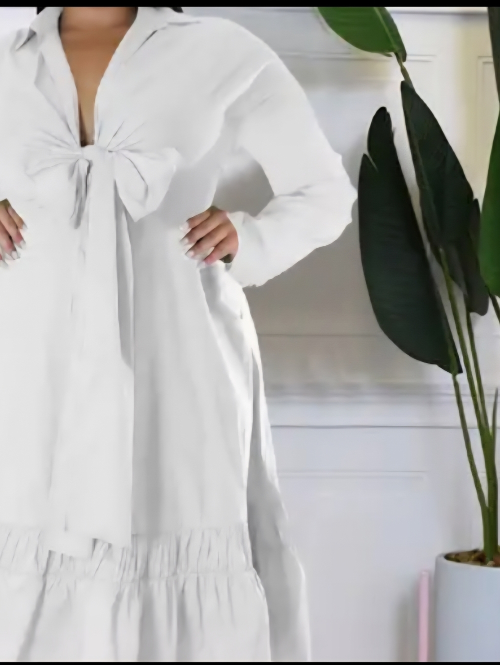 White Tie-Front Long Sleeve Maxi Dress